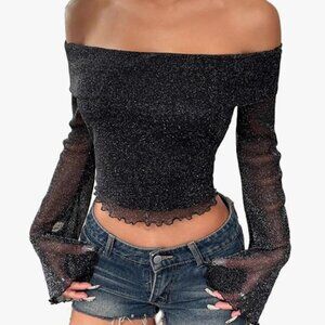 Mesh Off-the-Shoulder Crop Top with Long Flared Sleeves